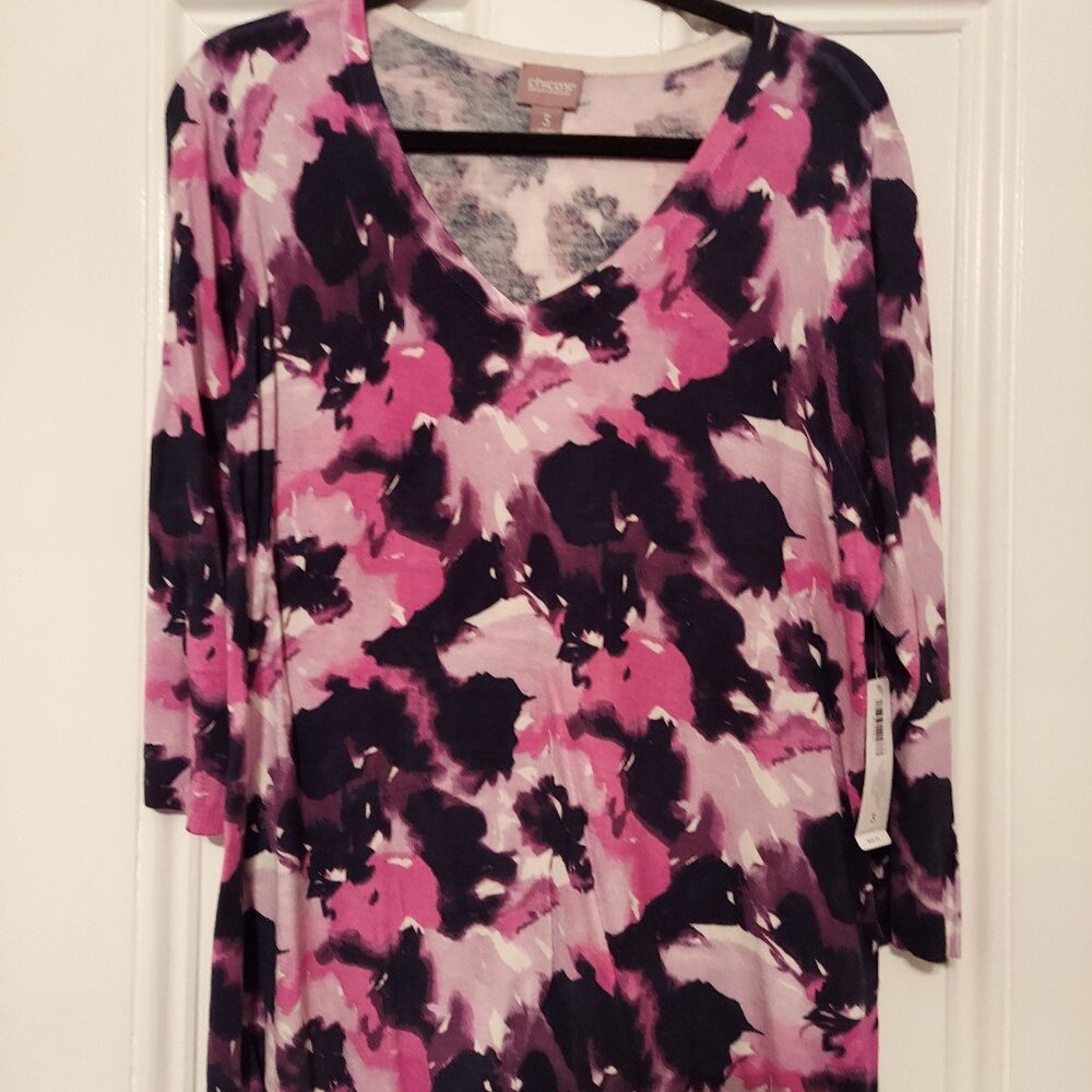 NWT Chico's V Neck 3/4 Sleeve Sweater in Pink, Violet, White Multi sz 3 (16/18)